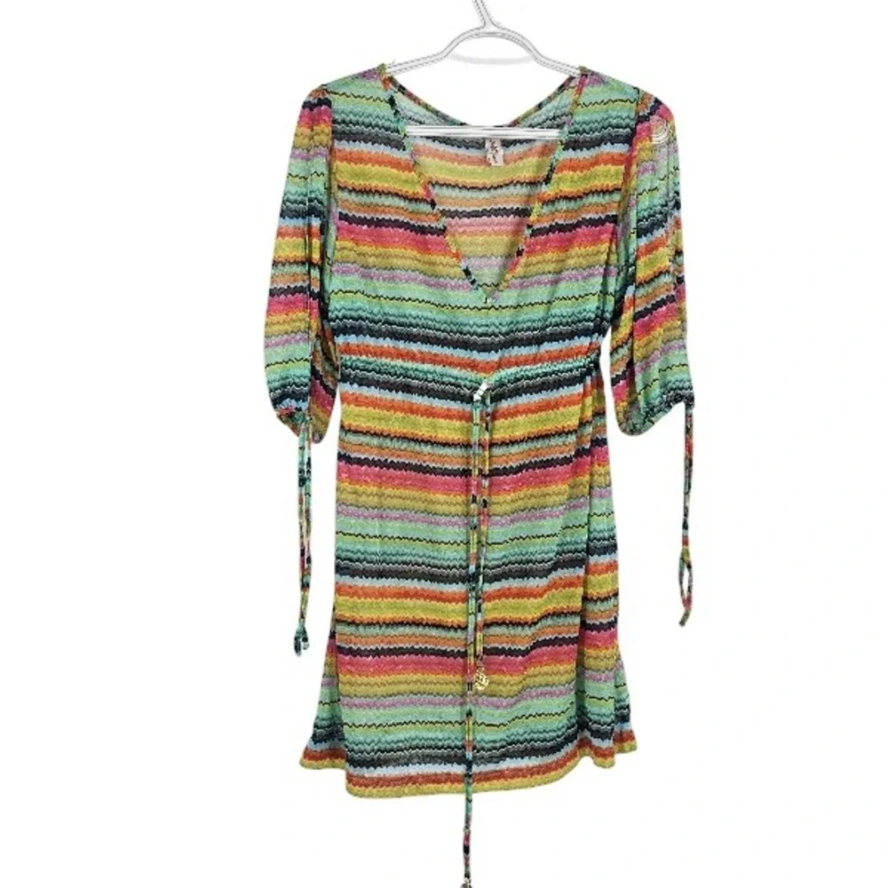 Luli Fama Coverup Dress Multicolor Mesh Sheer Striped Chevron V-neck Tunic Sz S